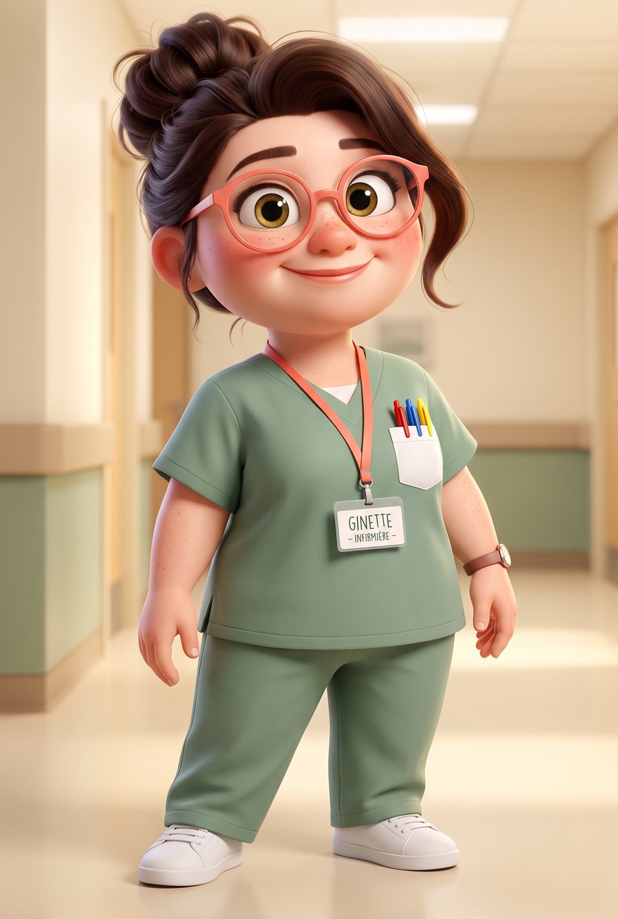 Ginette, l'infirmière mascotte de ClinicalWriterAI, souriante dans un corridor d'hôpital